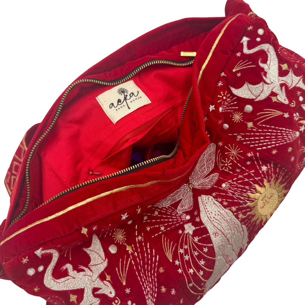 The Sitara Luxe Tote - Red Embroidered Velvet Tote Bag
