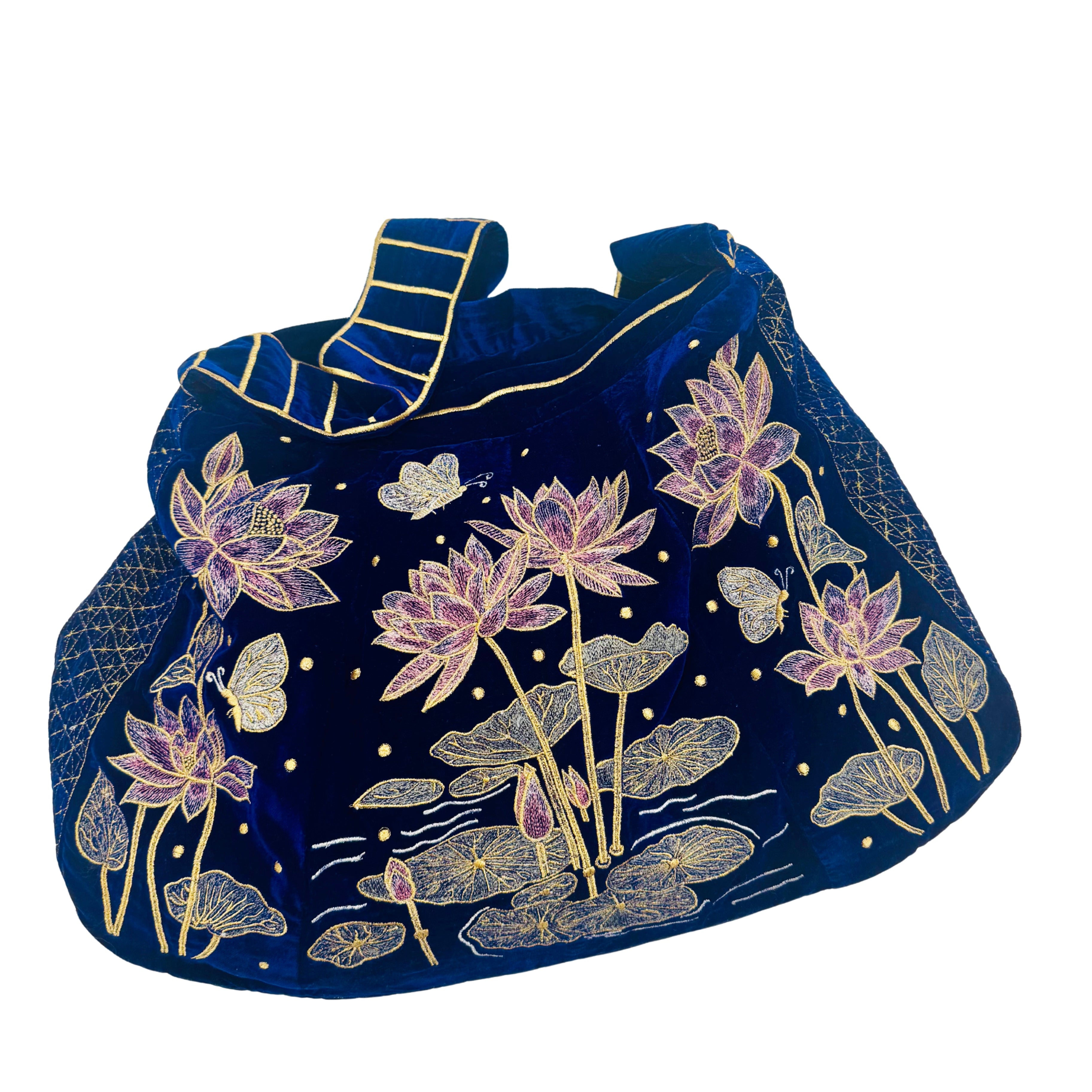 The Marceline Hobo - Inky Blue Embroidered Velvet Bag